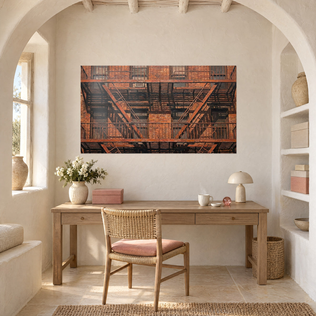 Quadro Brooklyn con mattoni color ruggine e ringhiere scure, muro crema, sopra una scrivania in legno e una sedia in rattan
