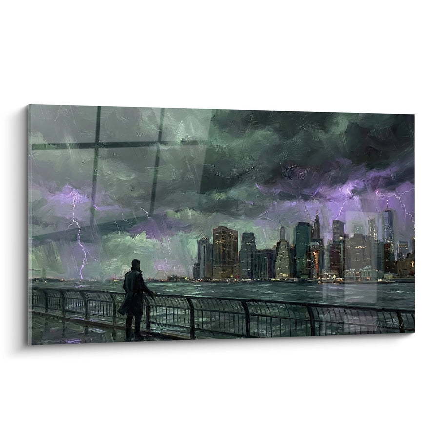 Tableau Silhouette Contemplant Gratte-Ciels sous Orage Violet - Contemplation Urbaine - Edition Brooklyn