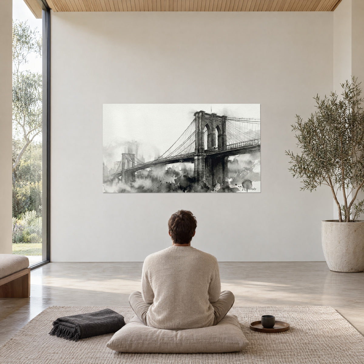Schilderij silhouet van de Brooklyn Bridge in zwart- en parelgrijstinten, waaiervormige kabels, persoon van achteren zittend op een kussen met de muur voor zich