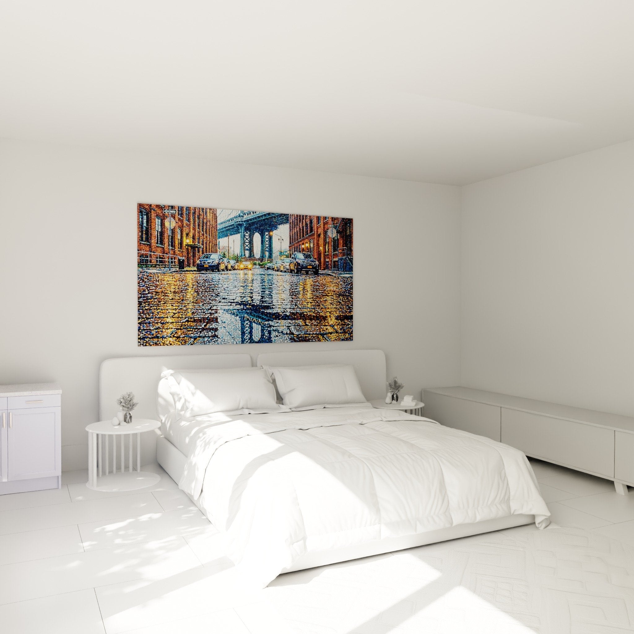 Tableau Brooklyn rue pluvieuse tons chauds dans chambre moderne mur blanc decoration urbaine contemporaine