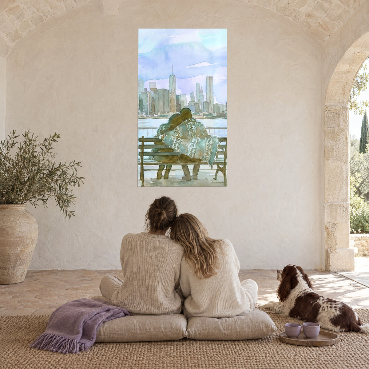 Wall art of two lovers pressed together on a bench in front of the skyscrapers, lavender and jade green, couple seen from behind on cushions, brown and white spaniel
