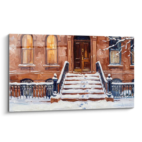 Cuadro Brownstone Invernal en Tonos Ocre y Marrón - Escalera Nevada - Edición Manhattan