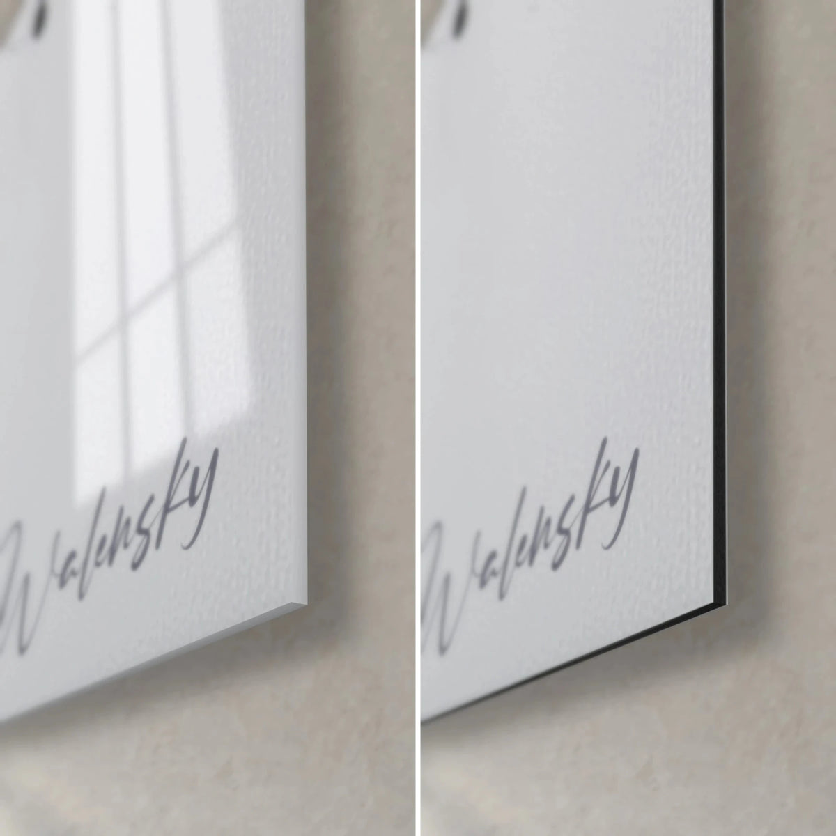 Wall art with black ink drops on white, bottom right detail: glossy acrylic glass on the left, matte Dibond aluminium on the right, 3 mm edge