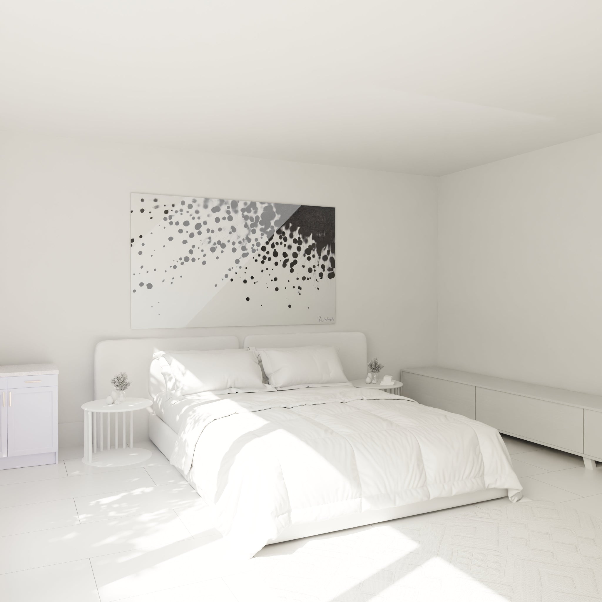 Tableau tacheté noir et blanc Walensky décorant une chambre moderne avec lit blanc