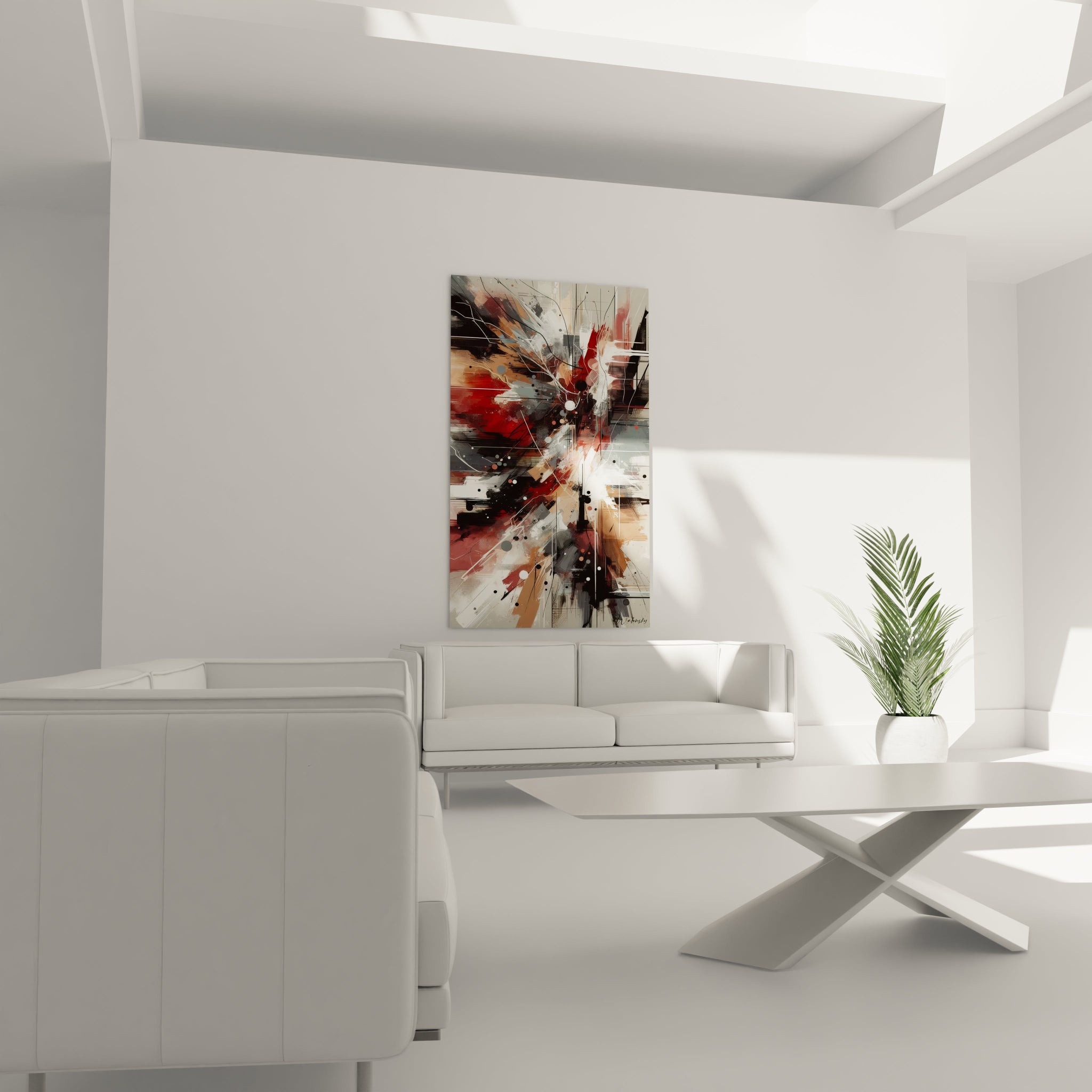 Tableau abstrait présentant un éclatement central de formes en rouge sang, gris acier, noir profond et tons chair. L'œuvre combine des lignes structurelles blanches, des points dispersés et des zones de couleur diffuses avec des effets de transparence et de superposition.
