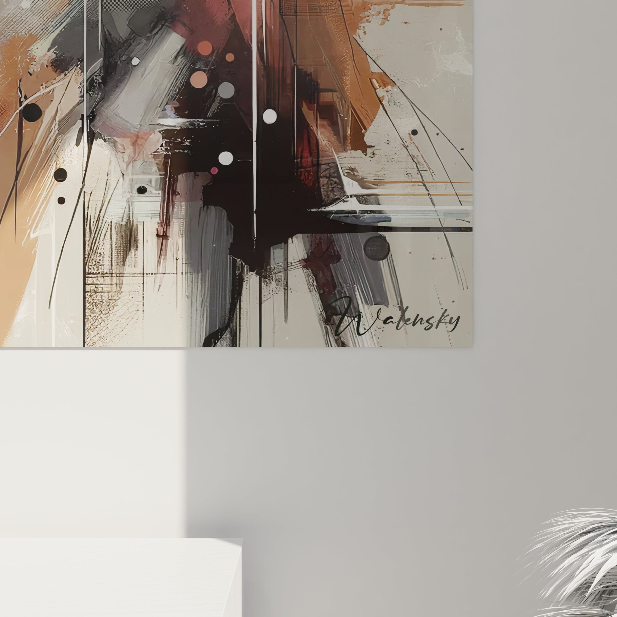 Tableau abstrait structuré autour d'un point central d'où jaillissent des traces de peinture rouge, noire, grise et ocre. Des lignes fines blanches organisent l'espace tandis que des cercles de tailles diverses ponctuent la composition aux textures contrastées et aux effets de mouvement.
