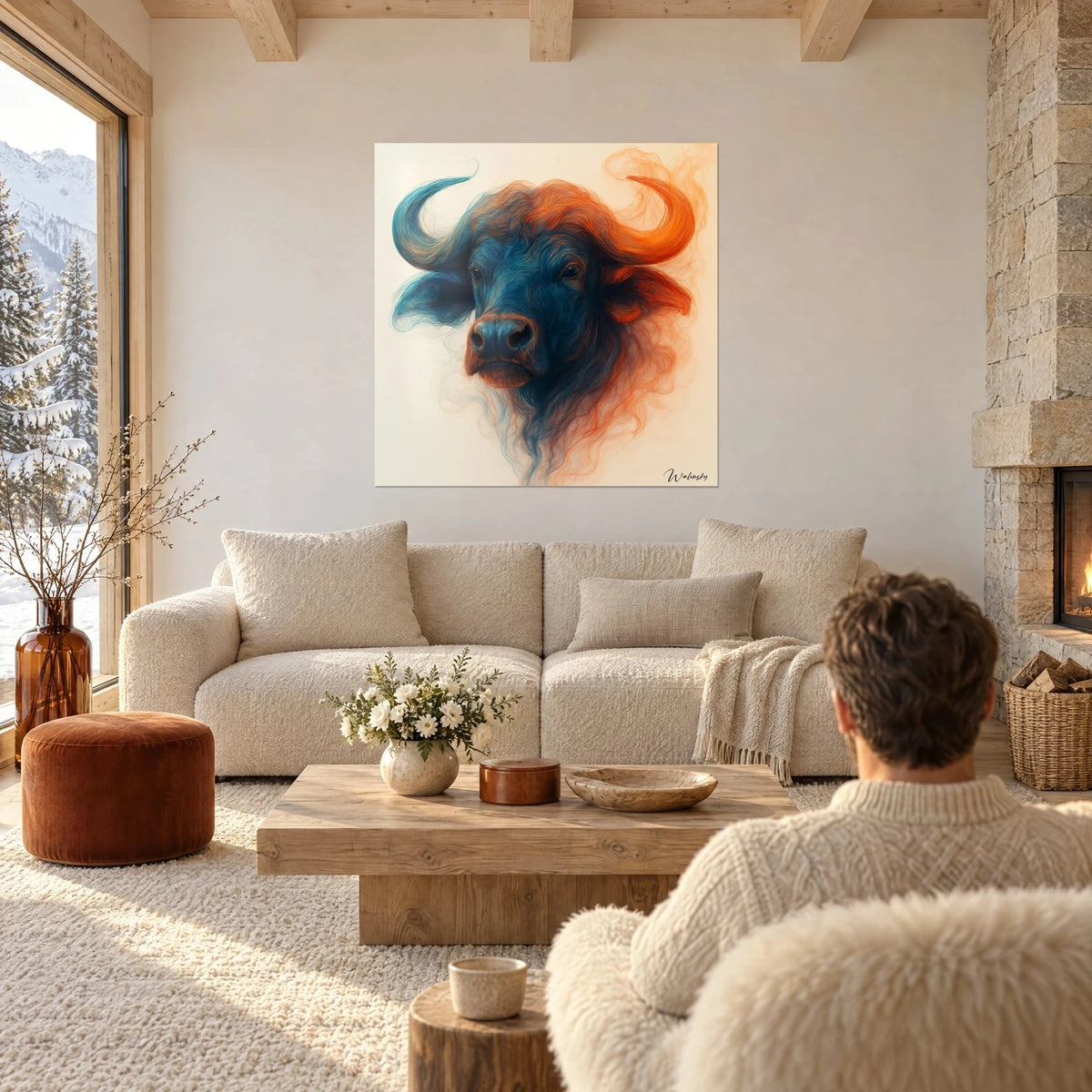 Wall art buffalo with blue and orange horns, mane of swirling smoke, two people seen from behind above a sofa in a bright living room
