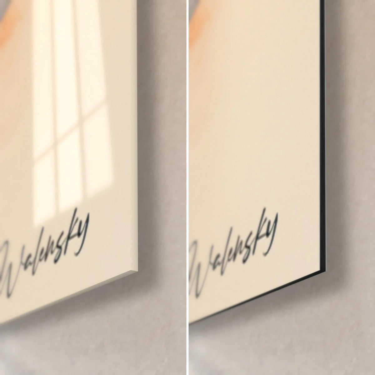 Wall art buffalo head in midnight blue and orange, bottom right corner, Walensky signature, glossy glass on the left, matte Dibond on the right, 3 mm edge
