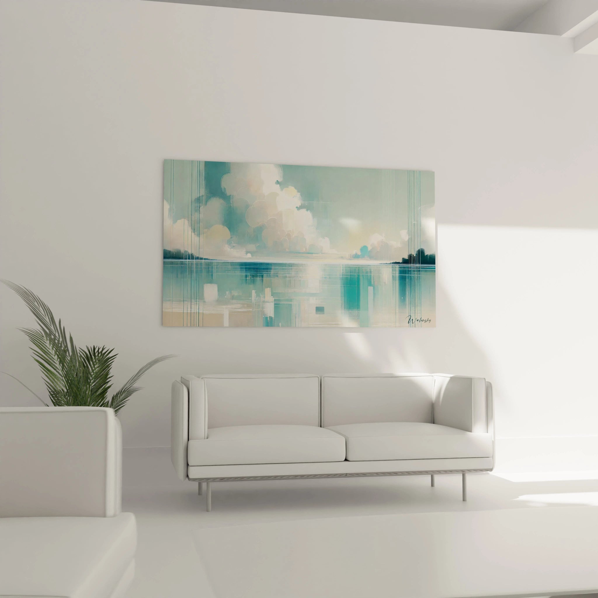 "Élégamment accroché au-dessus du canapé, 'Brume d'Azur' s'intègre parfaitement au salon, créant un espace apaisant grâce à ses lignes minimalistes et ses nuances douces."

