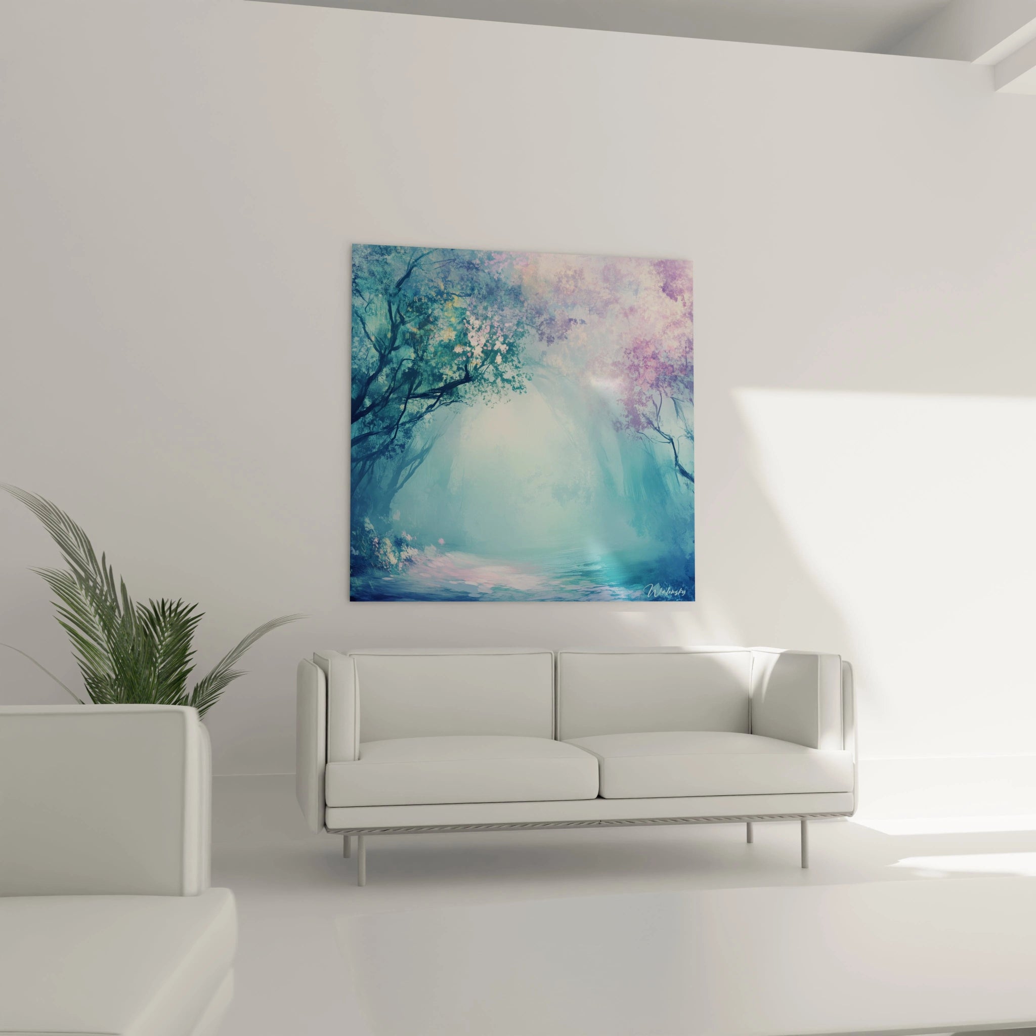 Un tableau forêt enchantée capturant une perspective brumeuse entre des arbres aux teintes bleu-turquoise et violet. La lumière centrale crée un effet éthéré tandis que le sol présente des reflets rosés, le tout avec des textures fluides et vaporeuses.
