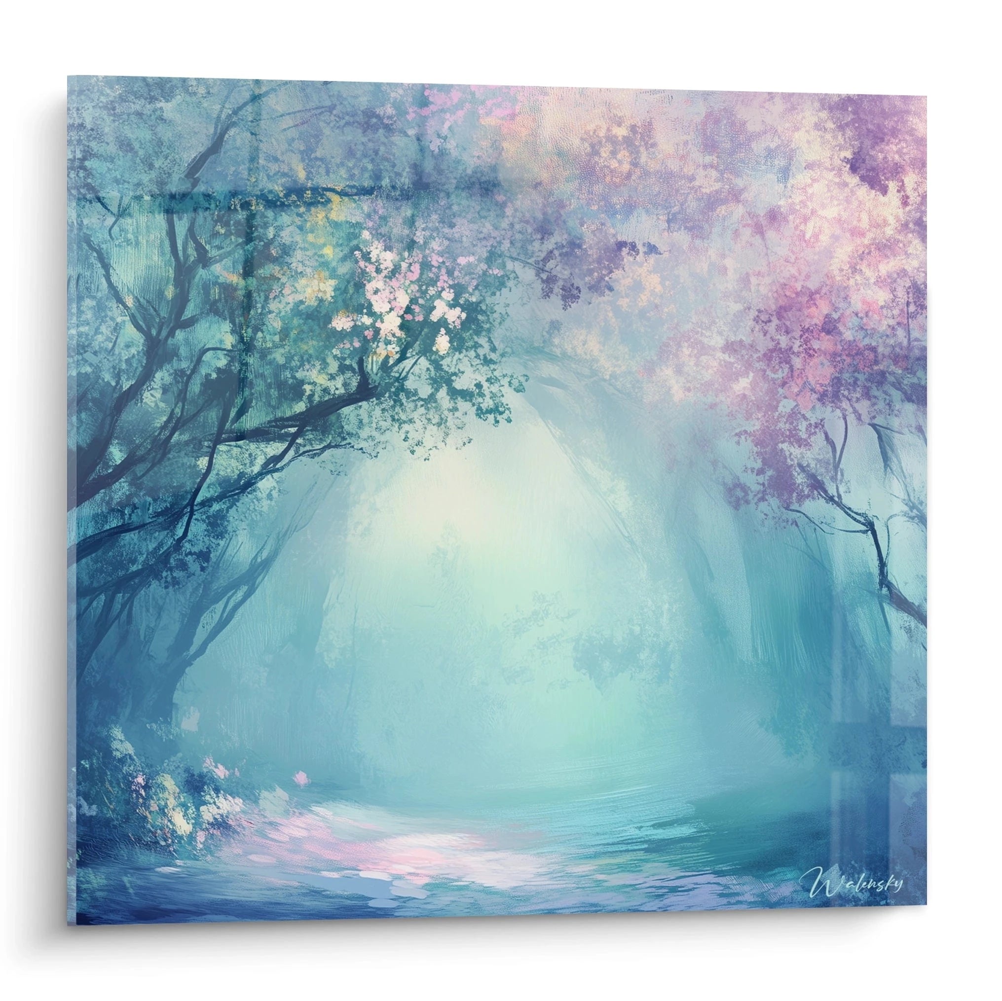 Un tableau forêt représentant un chemin brumeux bordé d'arbres aux teintes bleutées et violacées. La composition centrale crée une perspective vers un point lumineux, avec des textures vaporeuses et des transitions douces entre les couleurs.
