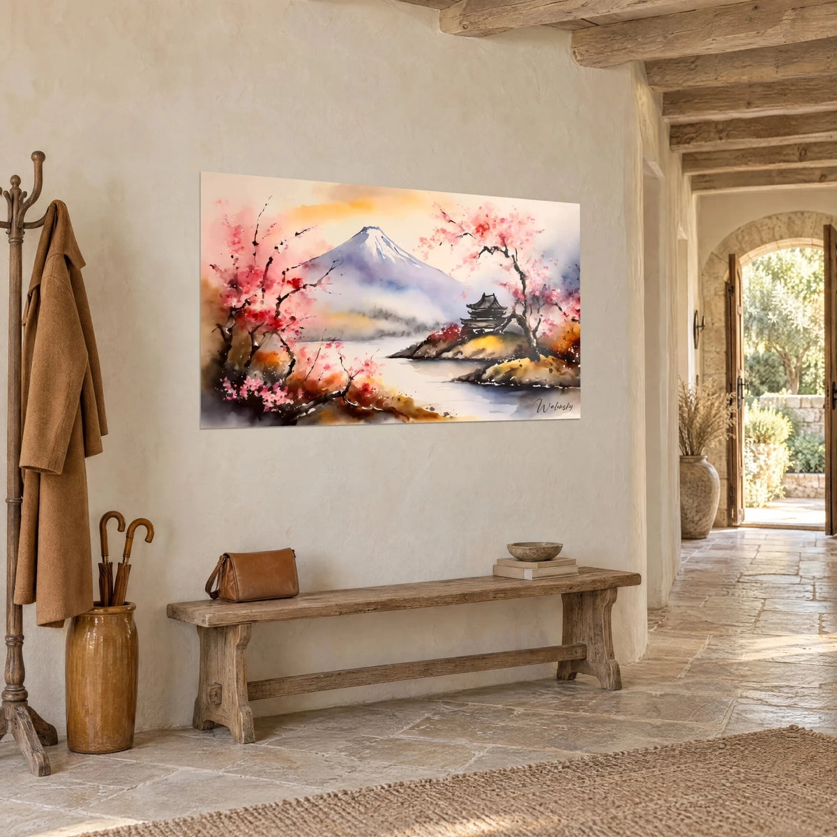 Tableau pagode noire sur îlot ocre, cerisiers fuchsia et lac pâle, vu de trois-quarts dans une entrée en pierre