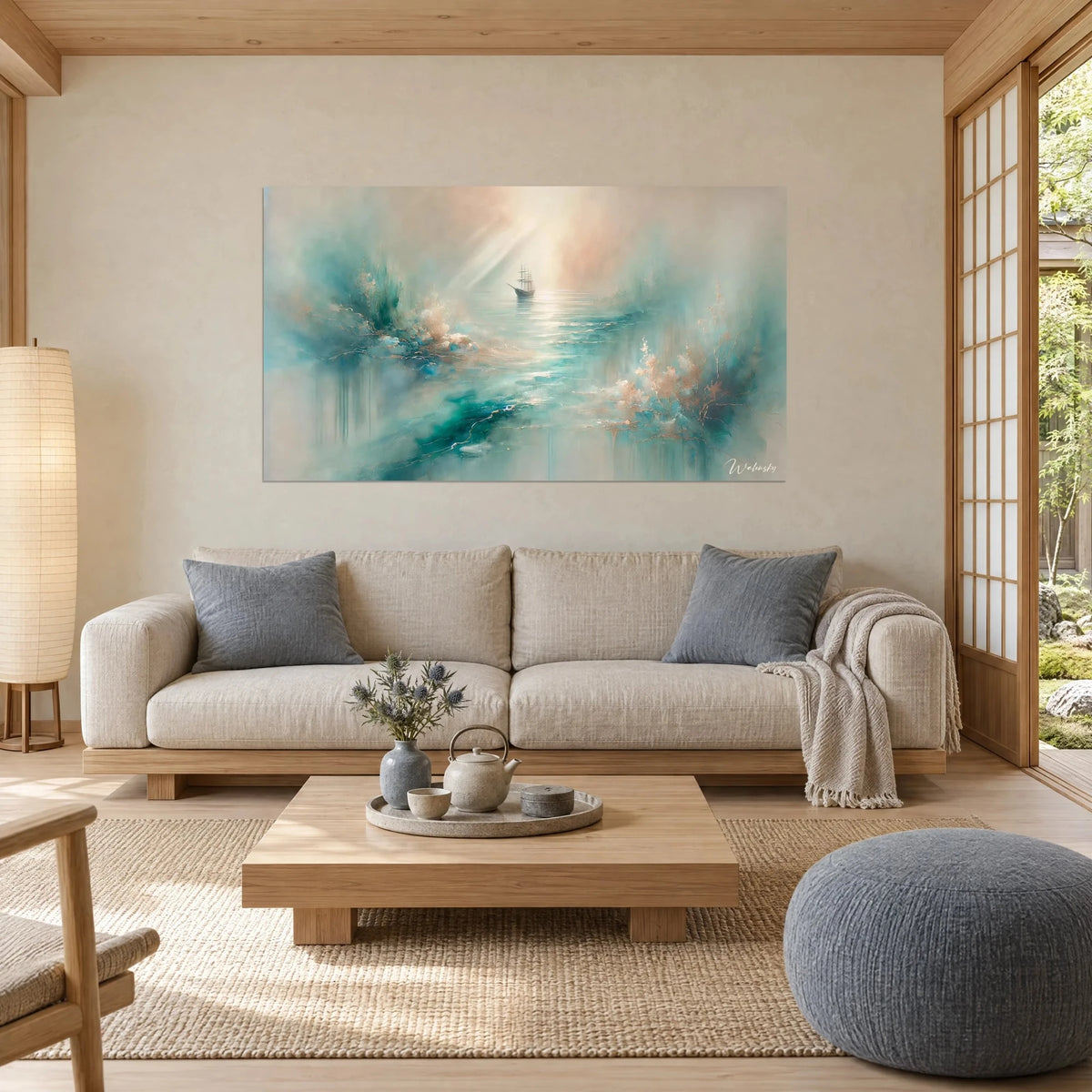 Schilderij van een eenzame zeilboot in een turquoise nevel en poederroze tinten, gouden lichtstralen op het water, boven een bank in een lichte woonkamer
