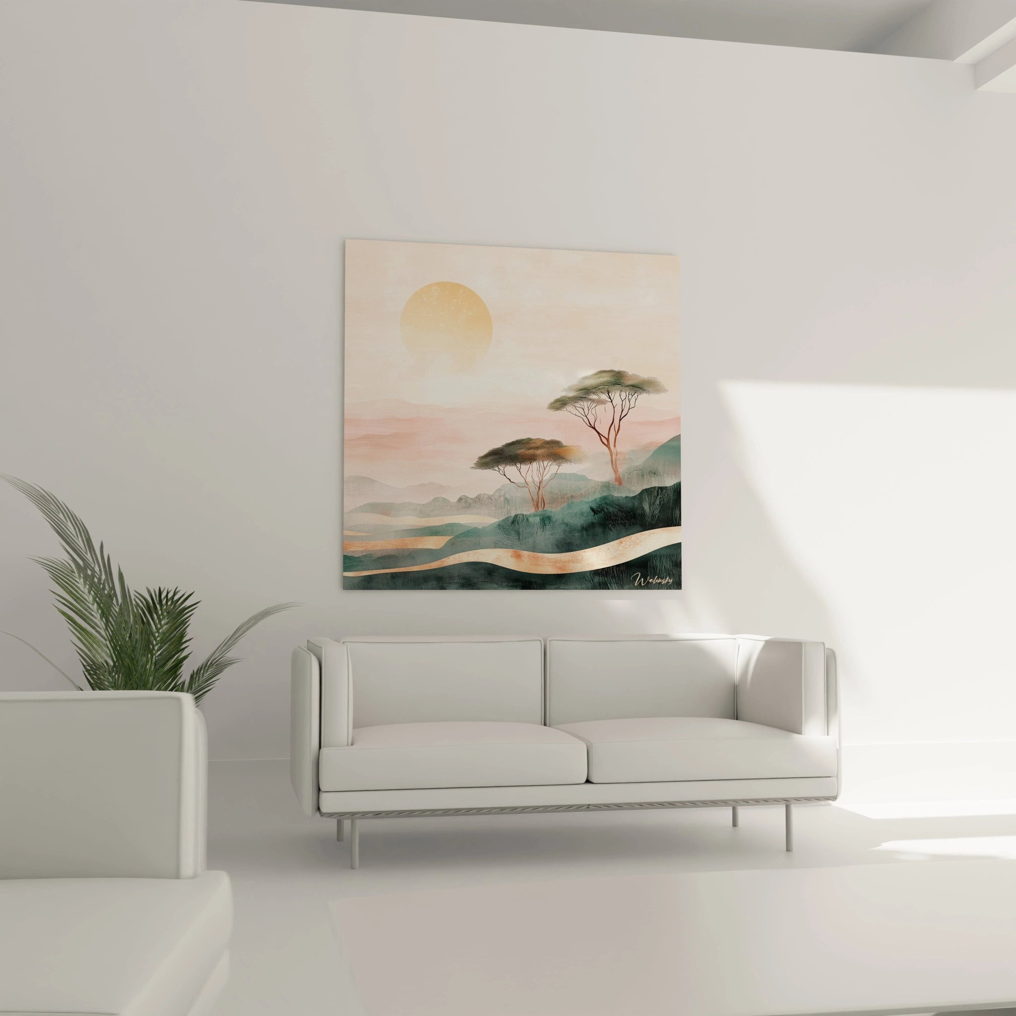 Un tableau paysage contemplatif montrant une voie douce serpentant à travers une végétation éthérée. Les couleurs rose, bleu céladon et blanc créent une harmonie apaisante, tandis que la technique vaporisée confère une qualité onirique à l'ensemble.
