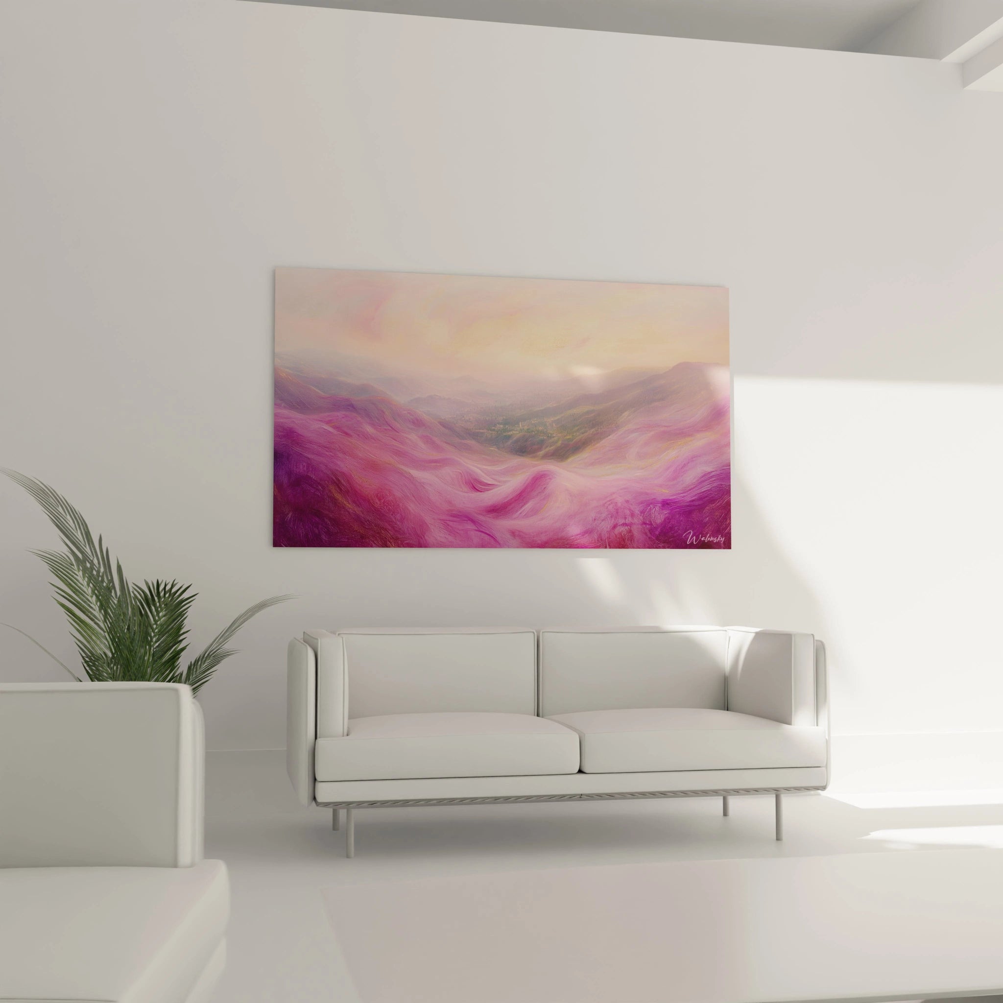 Un tableau paysage onirique composé de vagues de couleur violette et mauve se déployant en premier plan, s'ouvrant sur une vallée lointaine baignée dans une lumière dorée et rosée, avec des coups de pinceau visibles créant une texture veloutée.
