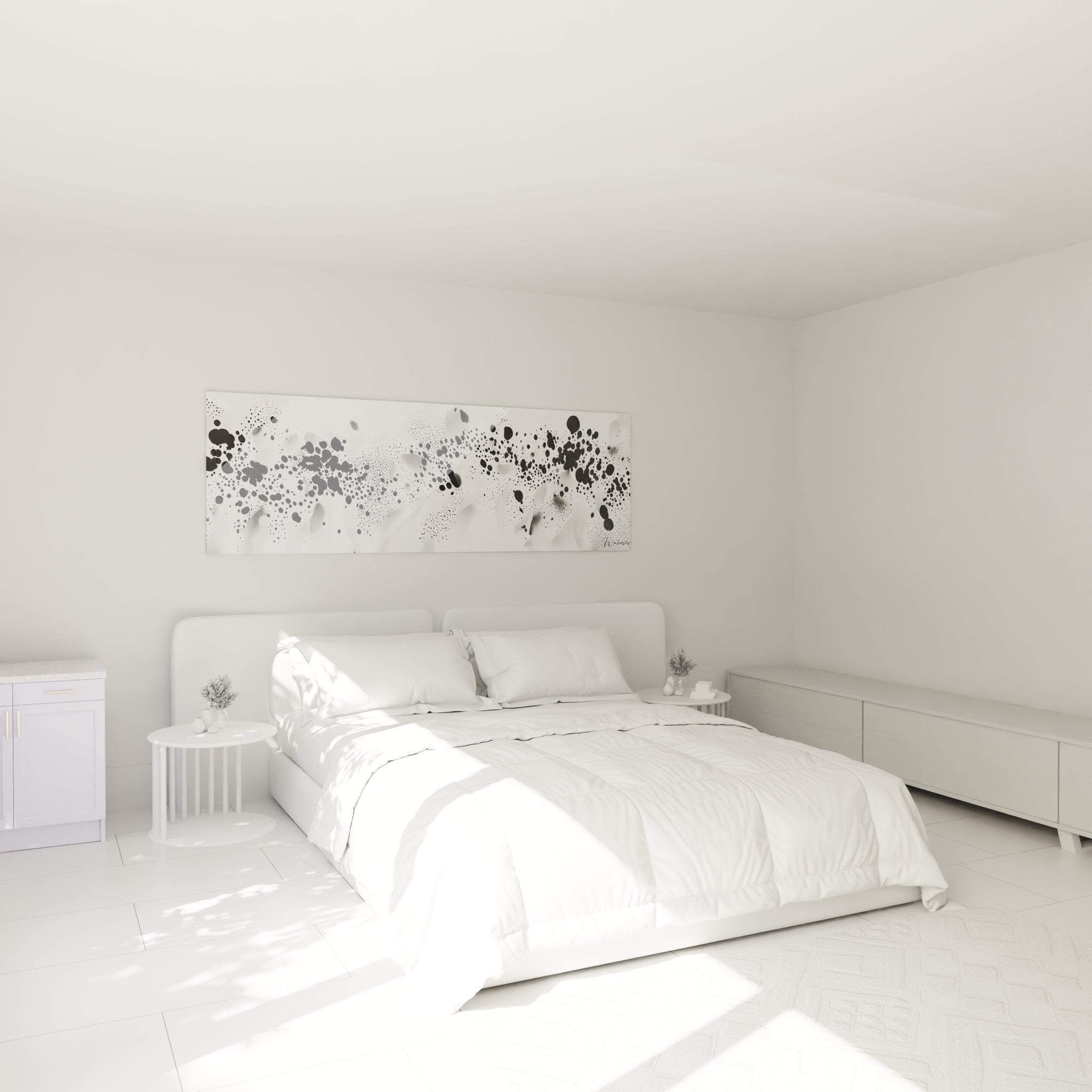 Tableau tacheté noir et blanc de Walensky décorant une chambre moderne et épurée