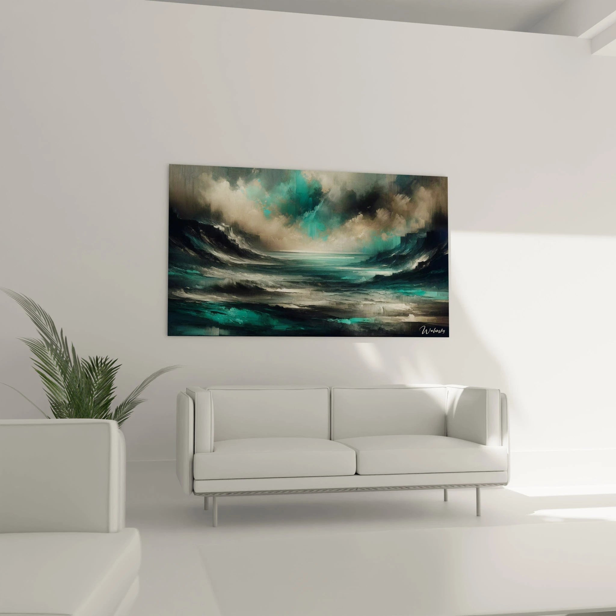 Tableau abstrait de type paysage océanique, combinant des teintes vert émeraude, sable et gris charbon, avec des effets de matière striée et des transitions fluides entre ciel et mer.

