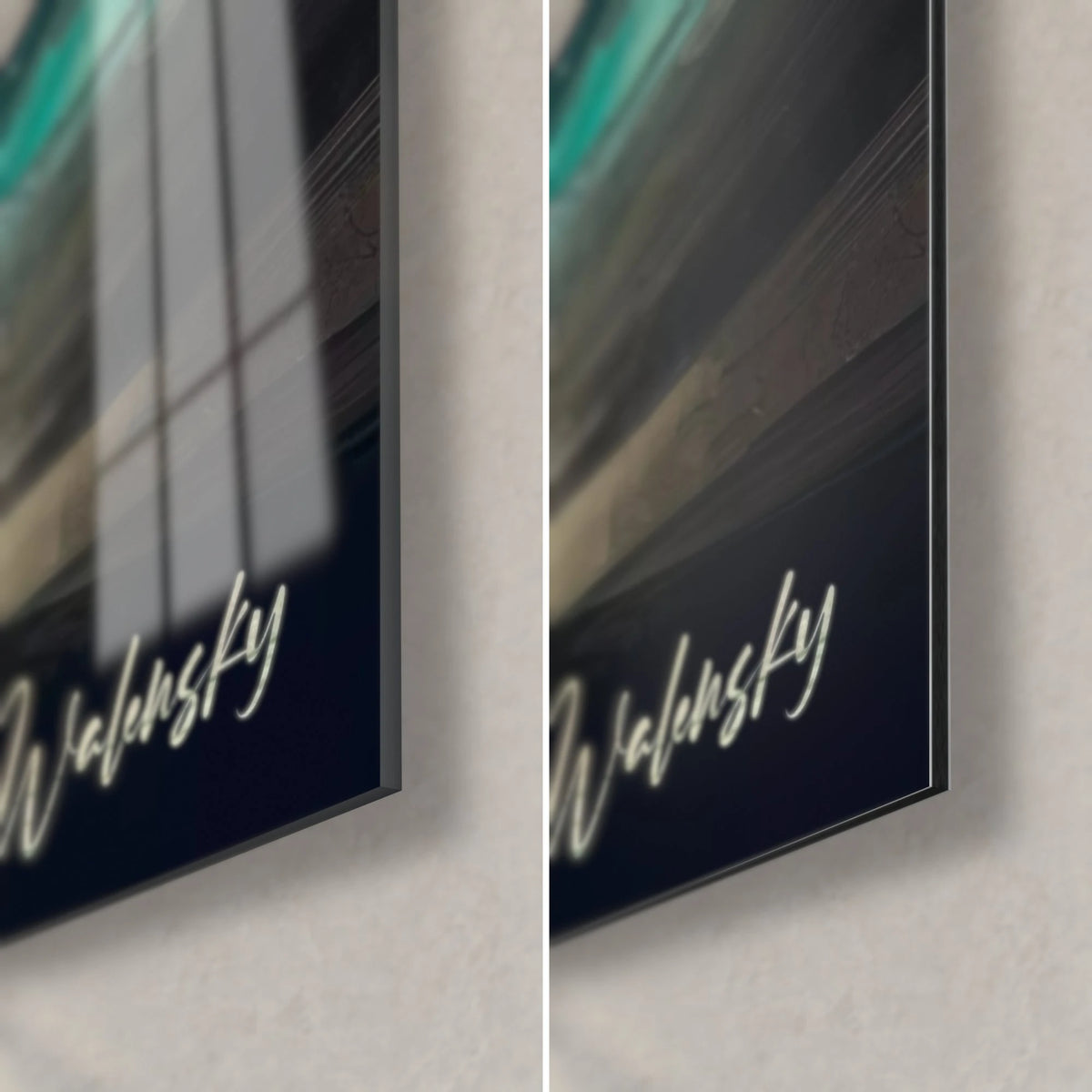 Tableau vagues sombres en pâte épaisse, noir profond et turquoise, coin bas droit verre brillant et Dibond mat