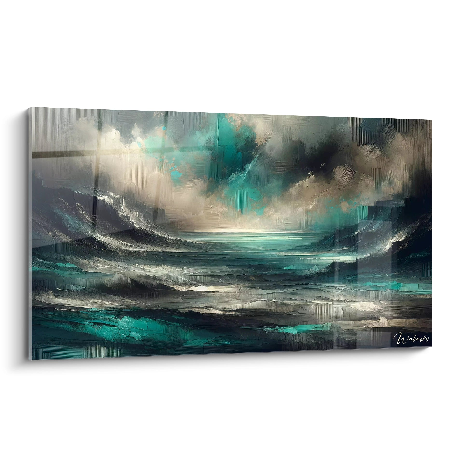Tableau abstrait représentant un paysage marin stylisé, avec des vagues superposées dans des tons turquoise, beige et gris foncé, marqué par des textures en relief et des effets brossés verticaux.

