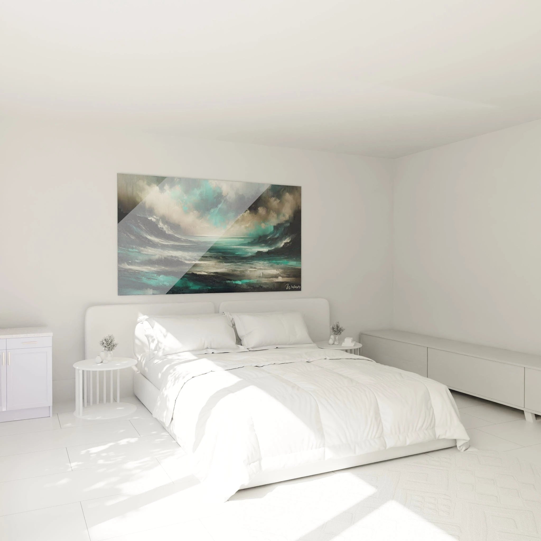 Un tableau abstrait montrant une mer agitée entre deux falaises, avec des nuances dominantes de bleu sarcelle, crème et noir, et des textures visibles en stries et aplats épais.

