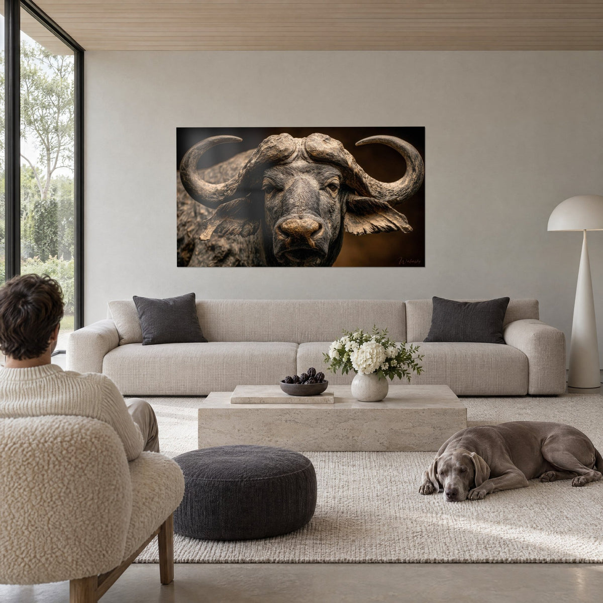 Quadro bufalo del Capo dalle corna ricurve, pelo antracite e sfondo marrone, appeso sopra un divano in un soggiorno luminoso