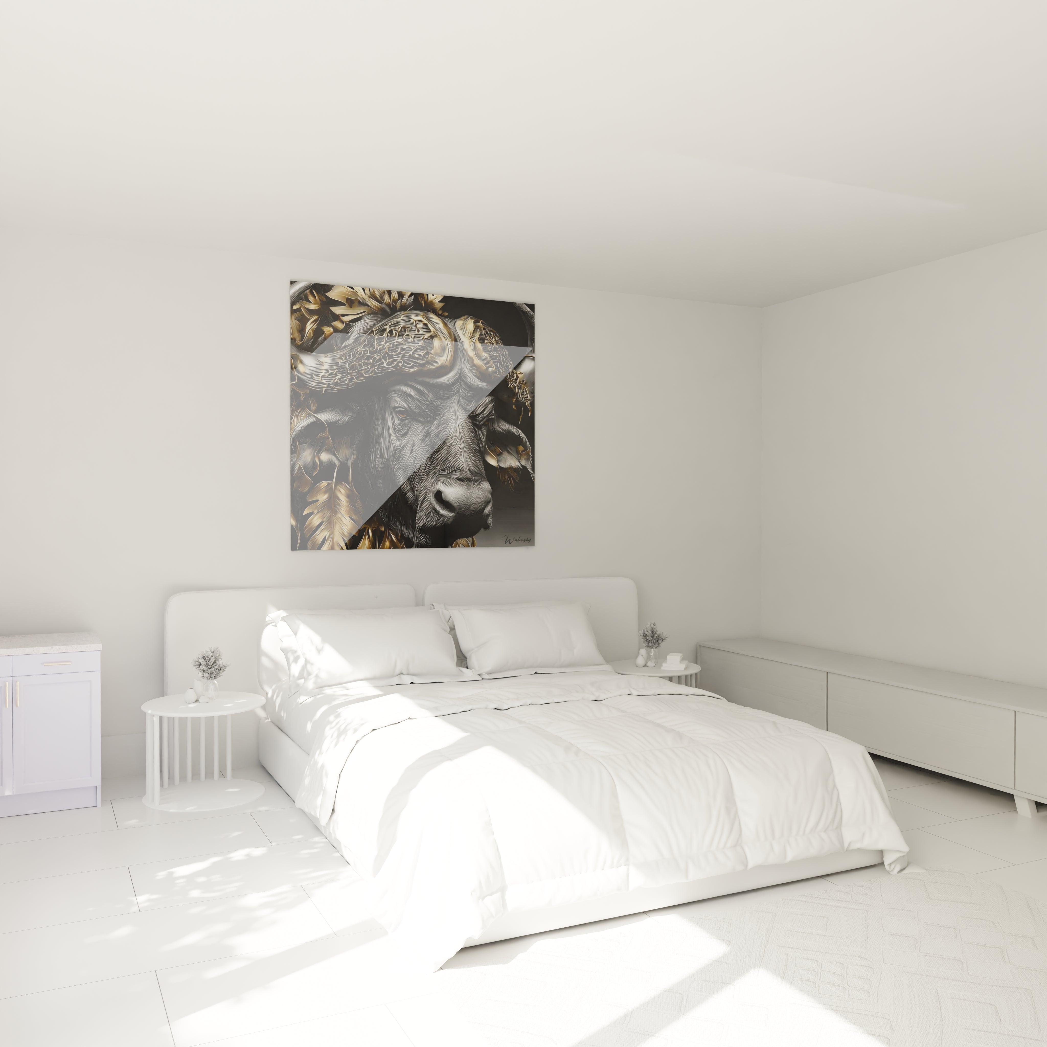 Tableau buffle africain doré dans chambre moderne décoration murale animalière