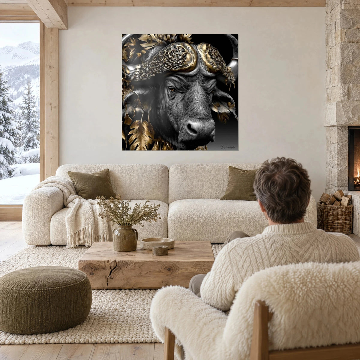 Gemälde Büffel in Kupferton mit ziselierten goldenen Hörnern, silbergraues Fell, gegenüber einem Mann von hinten, über einem Sofa in einem hellen Wohnzimmer
