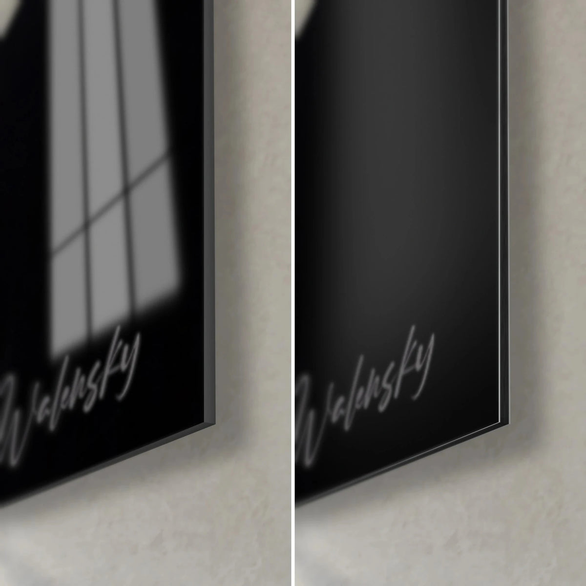 Gemälde Schwarzer Büffel in Schwarz und Silber, untere rechte Ecke: glänzendes Acrylglas links, matt gebürstetes Dibond rechts, 3 mm Kante