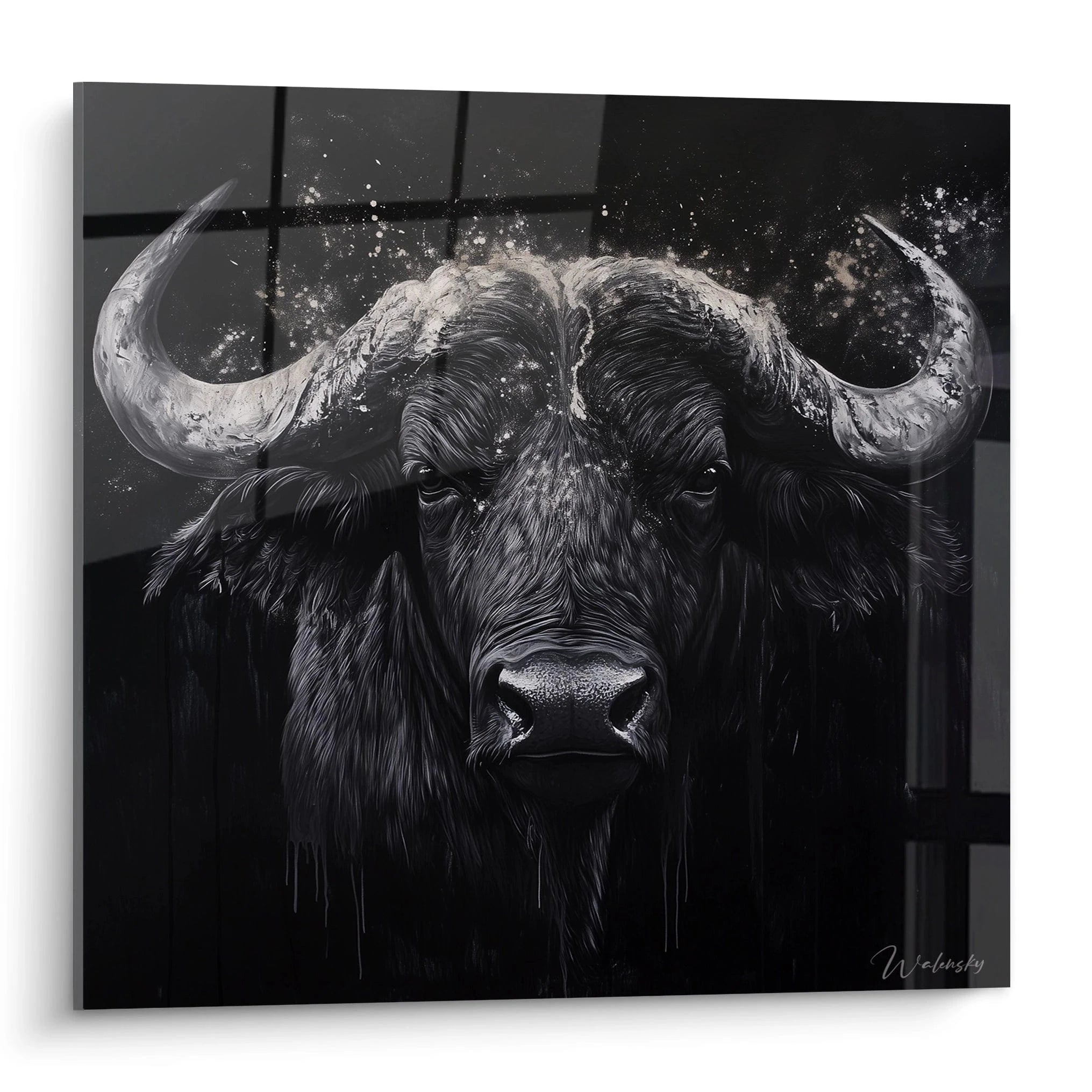 Tableau buffle Walensky noir et blanc avec un portrait réaliste et élégant de buffle puissant