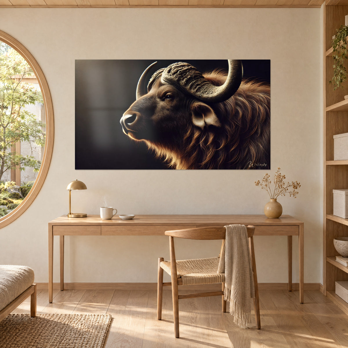 Πίνακας με κεφάλι βουβαλιού σε χαλκό και μπρούντζο, λαμπερό μάτι, βαθύ μαύρο φόντο, μπεζ τοίχος πάνω από ξύλινο γραφείο ανοιχτόχρωμου ξύλου