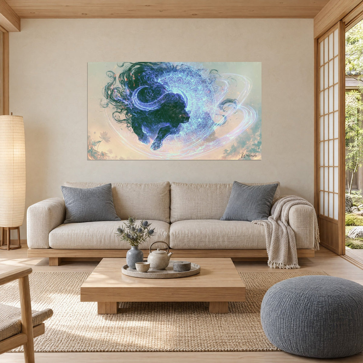 Tableau buffle noir bondissant devant un mandala turquoise, cornes en croissant bleu électrique, au-dessus d'un canapé dans un salon lumineux