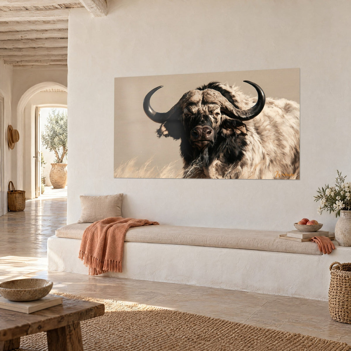 Wall art wild bovine with a broad dark head, cream coat on a beige background, seen at an angle beside a white bench