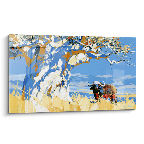 Tableau Buffle sous baobab bleu et ocre - Refuge savane - Edition Buffle