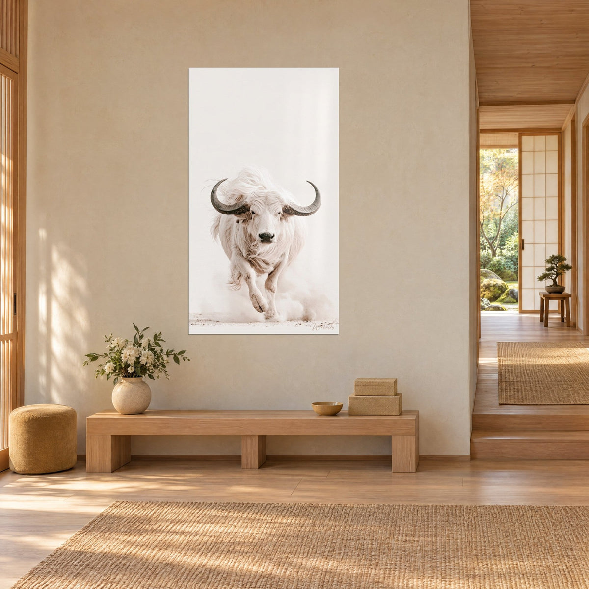 Quadro toro selvaggio avorio lanciato al galoppo, corna antracite ricurve e polvere beige, corridoio japandi di tre quarti