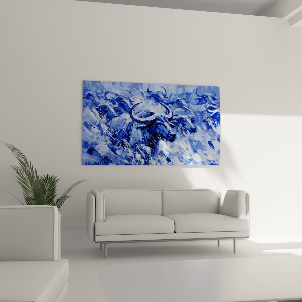 Wall art navy blue and white buffalo herd, sharp horns and snowy impasto, three-quarter view, seaside house