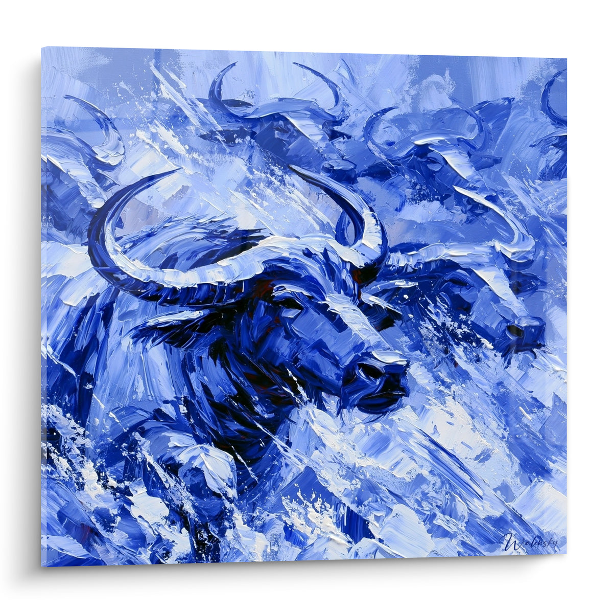 Buffle bleu marine et blanc aux cornes larges, texture épaisse peinte au couteau sur toile carrée