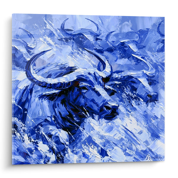 Tableau Buffle bleu marine et blanc aux cornes texturées - Tempête sauvage - Edition Buffle