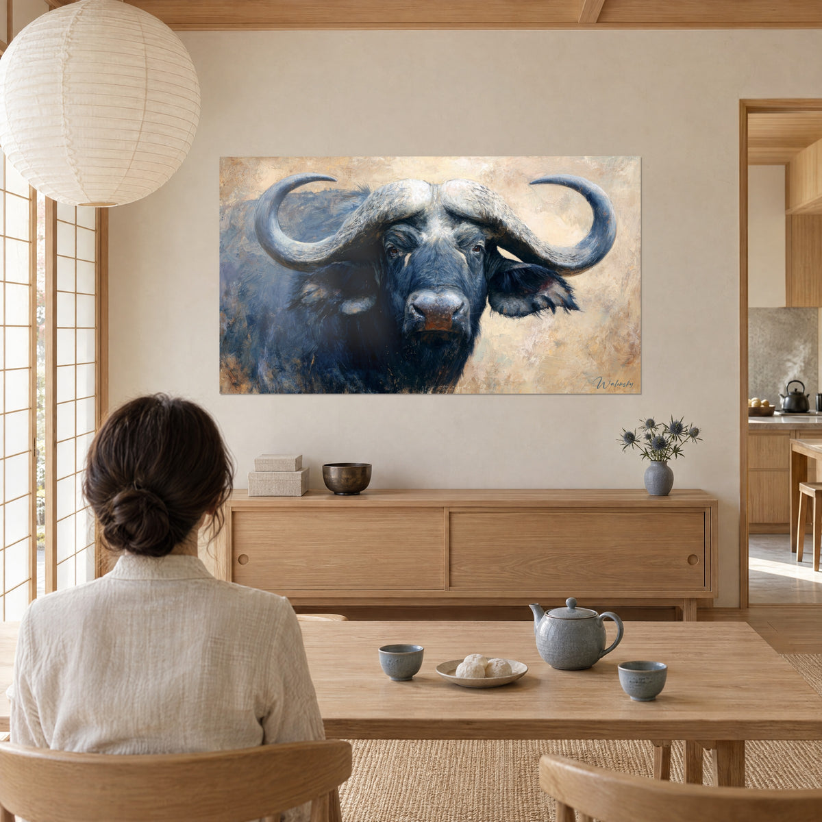 Cuadro retrato de búfalo negro azulado de anchos cuernos, fondo beige ocre, observado por una mujer de espaldas junto a una mesa de té
