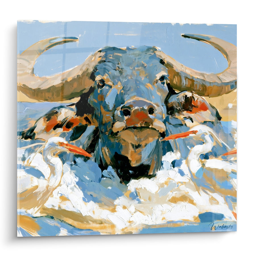 Tableau Buffle bleu et ocre entouré d'aigrettes - Alliance sauvage - Edition Buffle