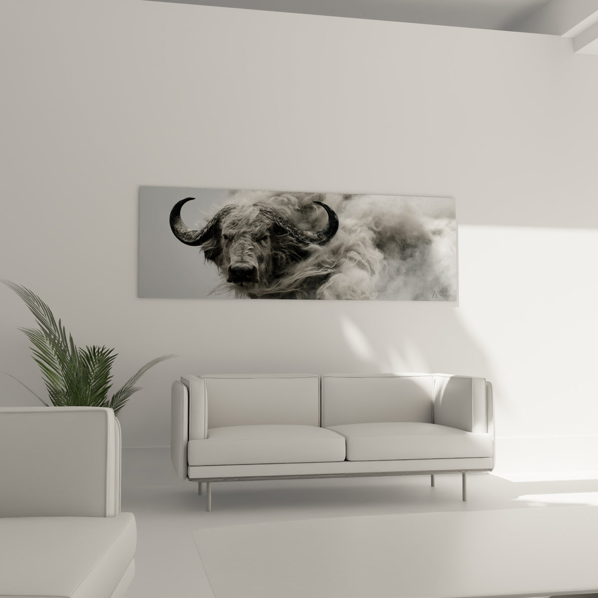 Silhouette de buffle anthracite surgissant de la brume, accrochée au-dessus d'un canapé dans un salon lumineux