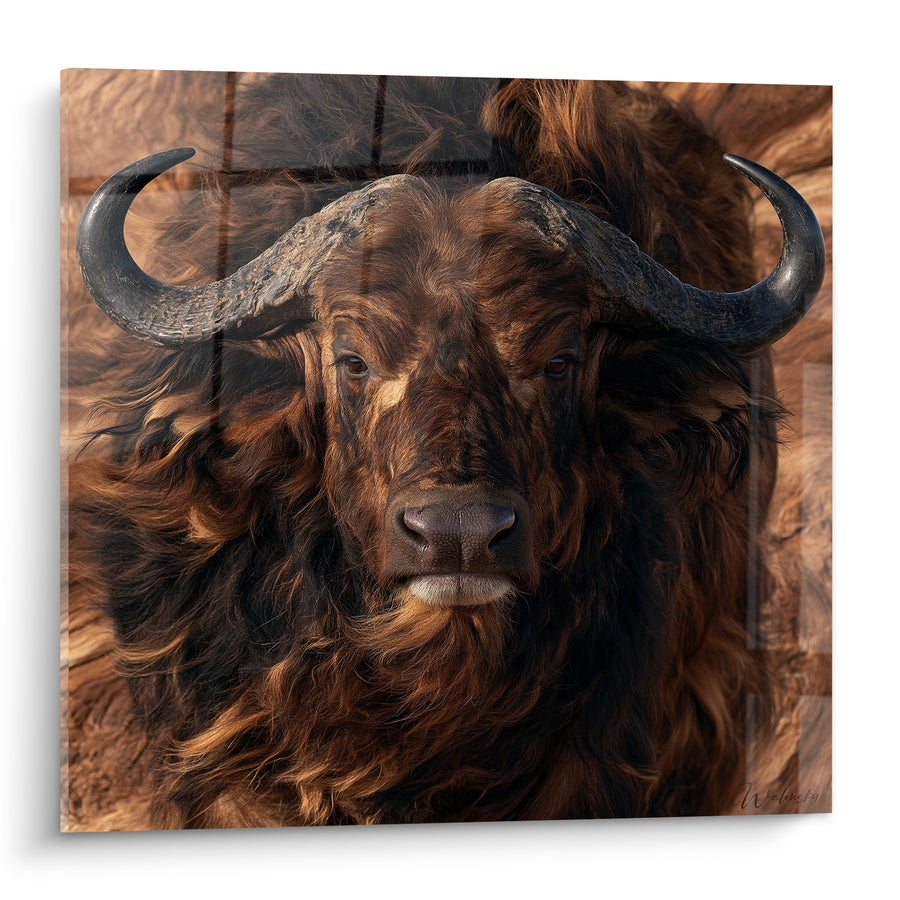 Tableau Buffle brun et noir aux cornes recourbées - Face à face sauvage - Edition Buffle