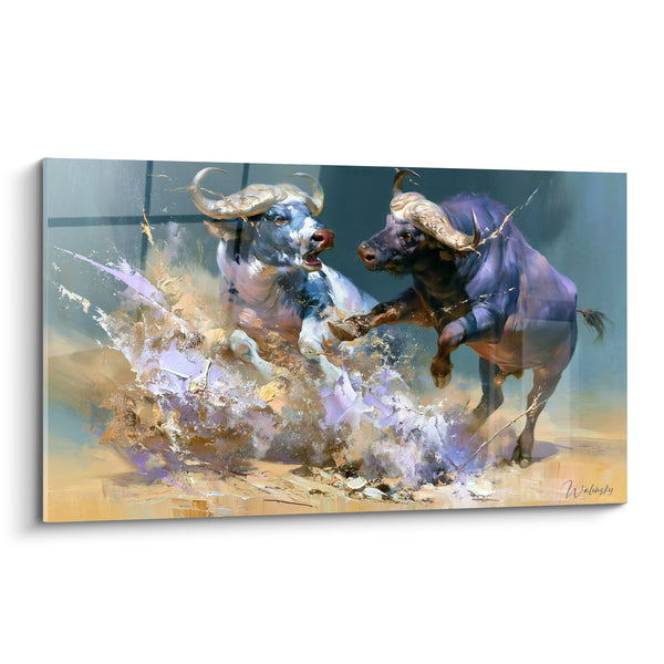 Tableau Buffles gris et ocre en confrontation - Charge dans la poussière - Edition Buffle