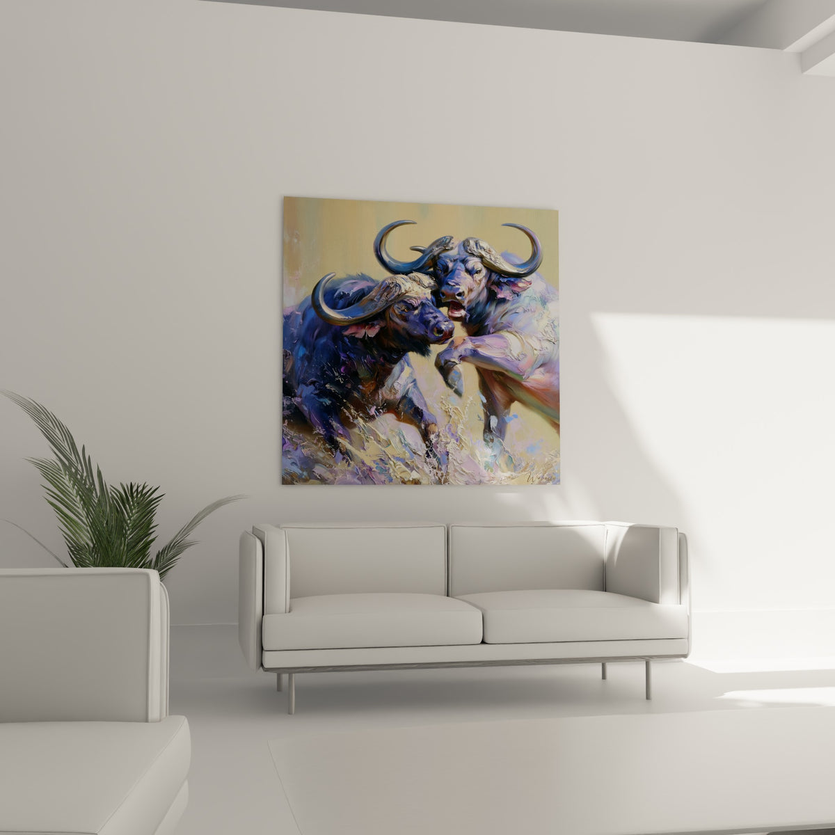 Confrontation animale en bleu marine et ocre entre deux buffles massifs, au-dessus d'un canapé dans un salon lumineux