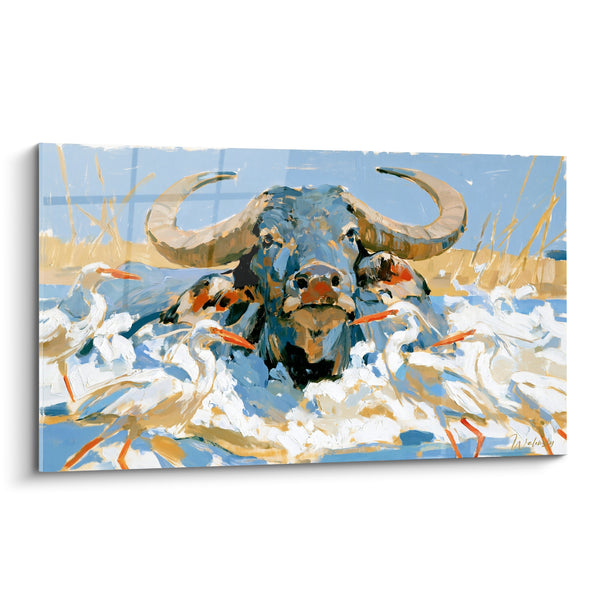 Tableau Buffle entouré d'aigrettes blanches et bleues - Harmonie sauvage - Edition Buffle