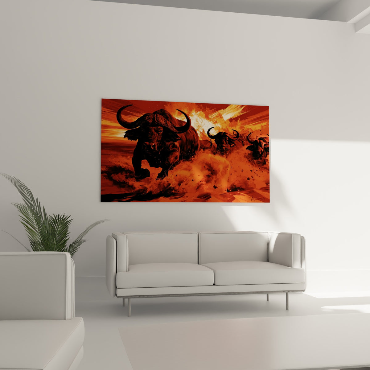 Silhouettes de buffles rouge et noir profond au-dessus d'un canapé dans un salon lumineux, nuage de poussière ocre