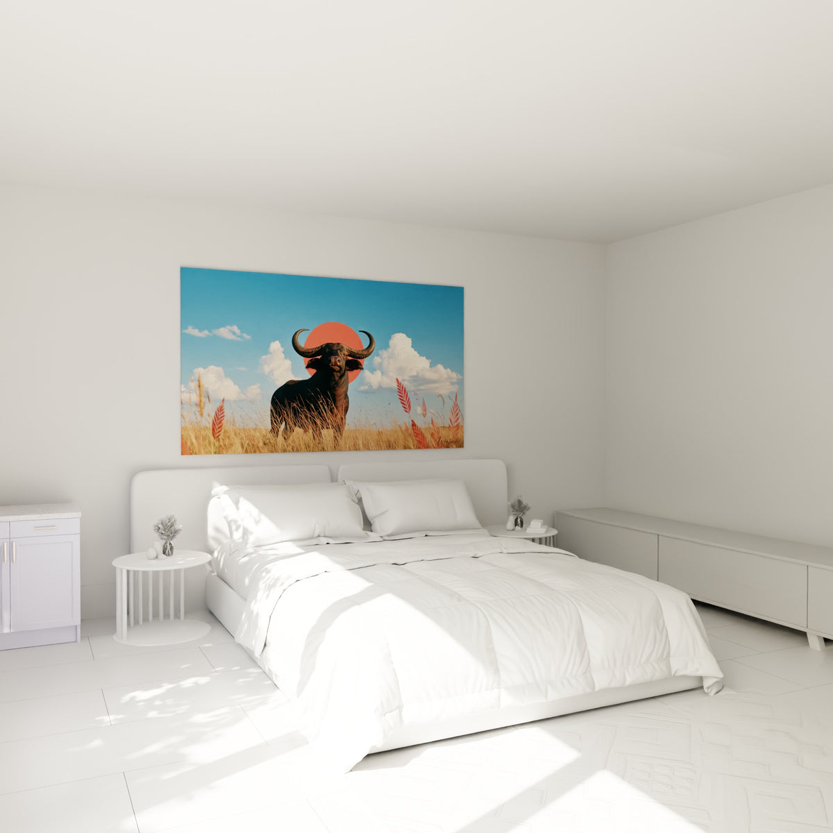 Cornes massives du buffle dominent une scène bleue et ocre, au-dessus d'un lit dans une chambre claire