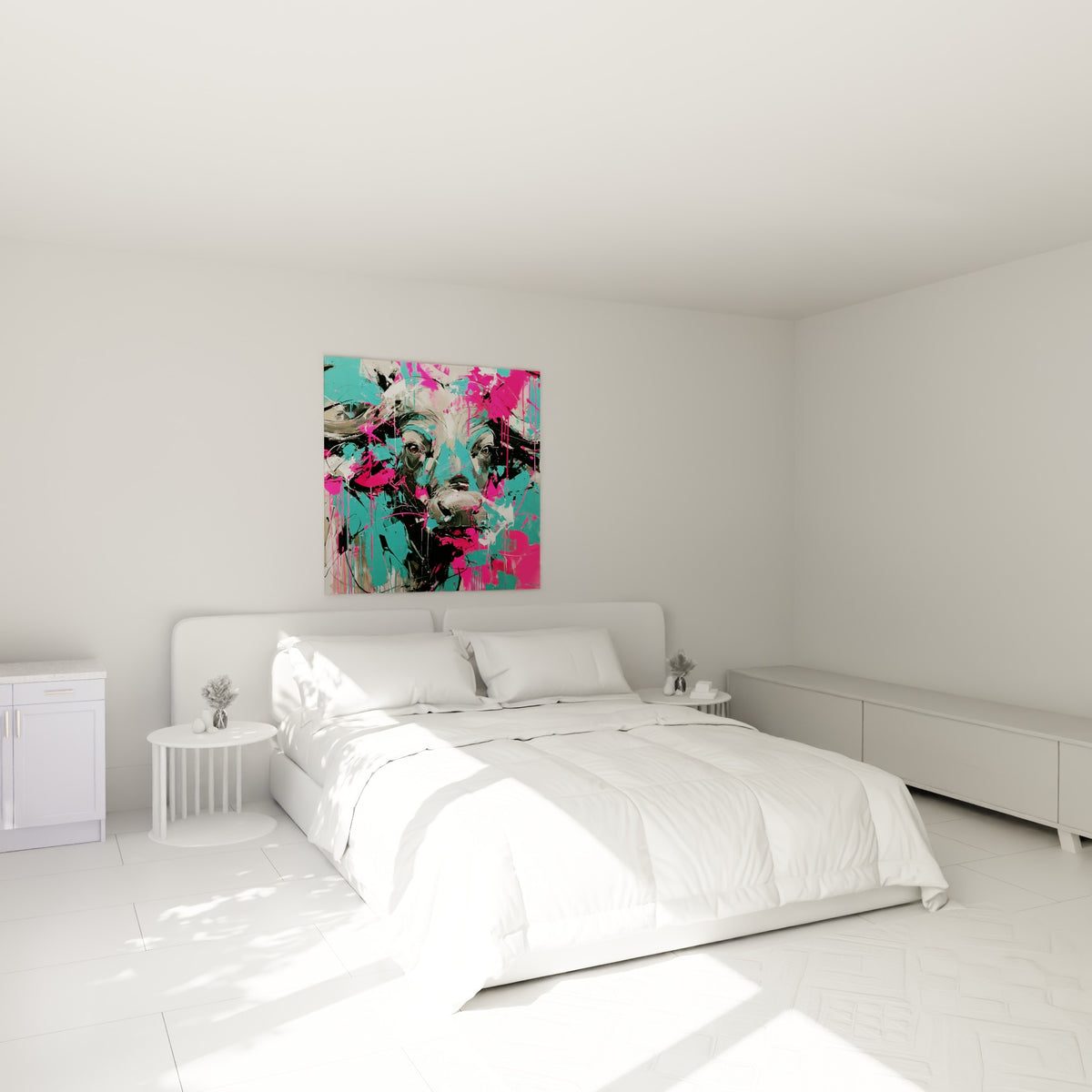 Cornes massives et museau gris du buffle turquoise et rose, accroché au-dessus d'un lit dans une chambre claire