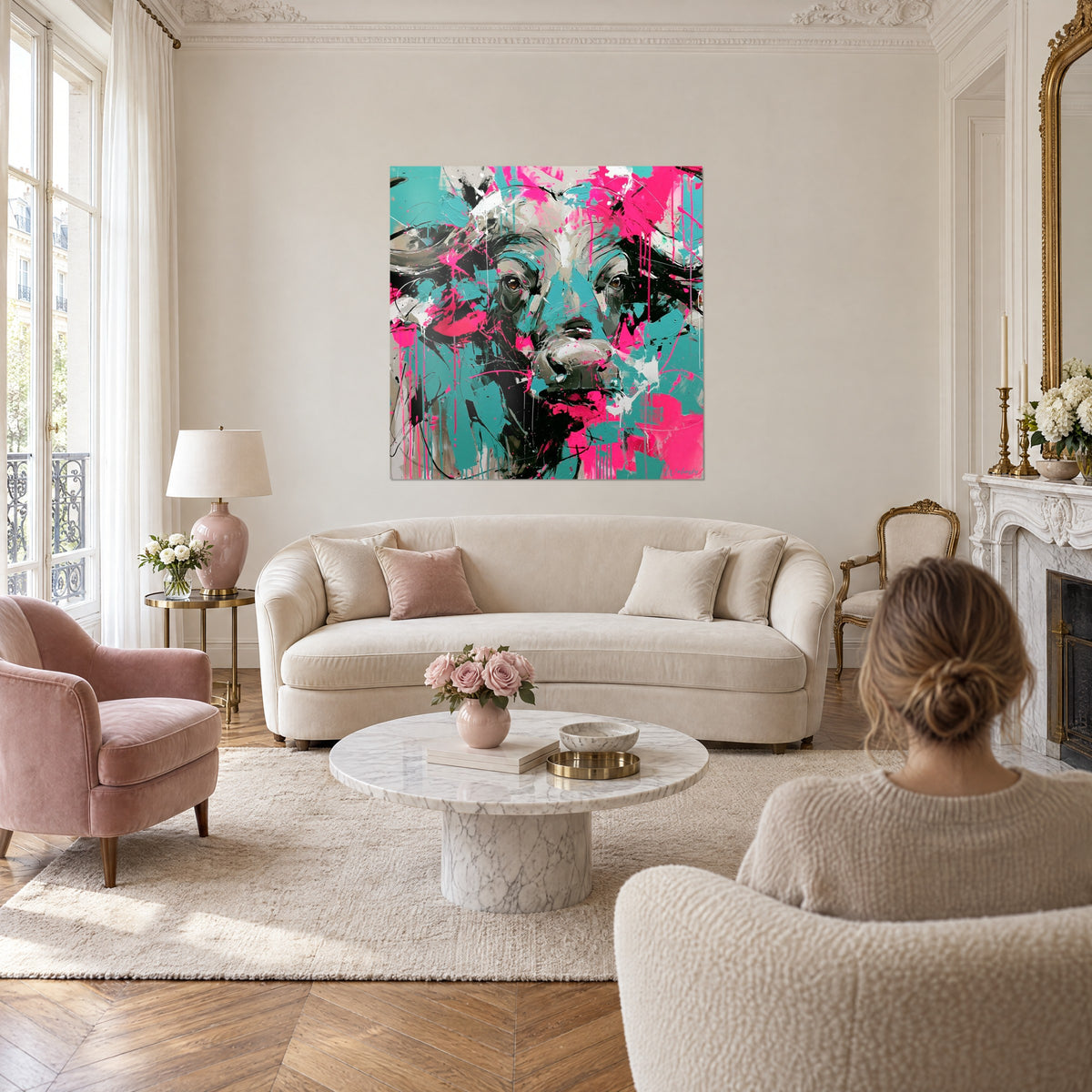 Schilderij buffel met amberkleurige ogen, fuchsiaroze en turquoise spatten, zwart en grijs, boven een bank in een lichte woonkamer