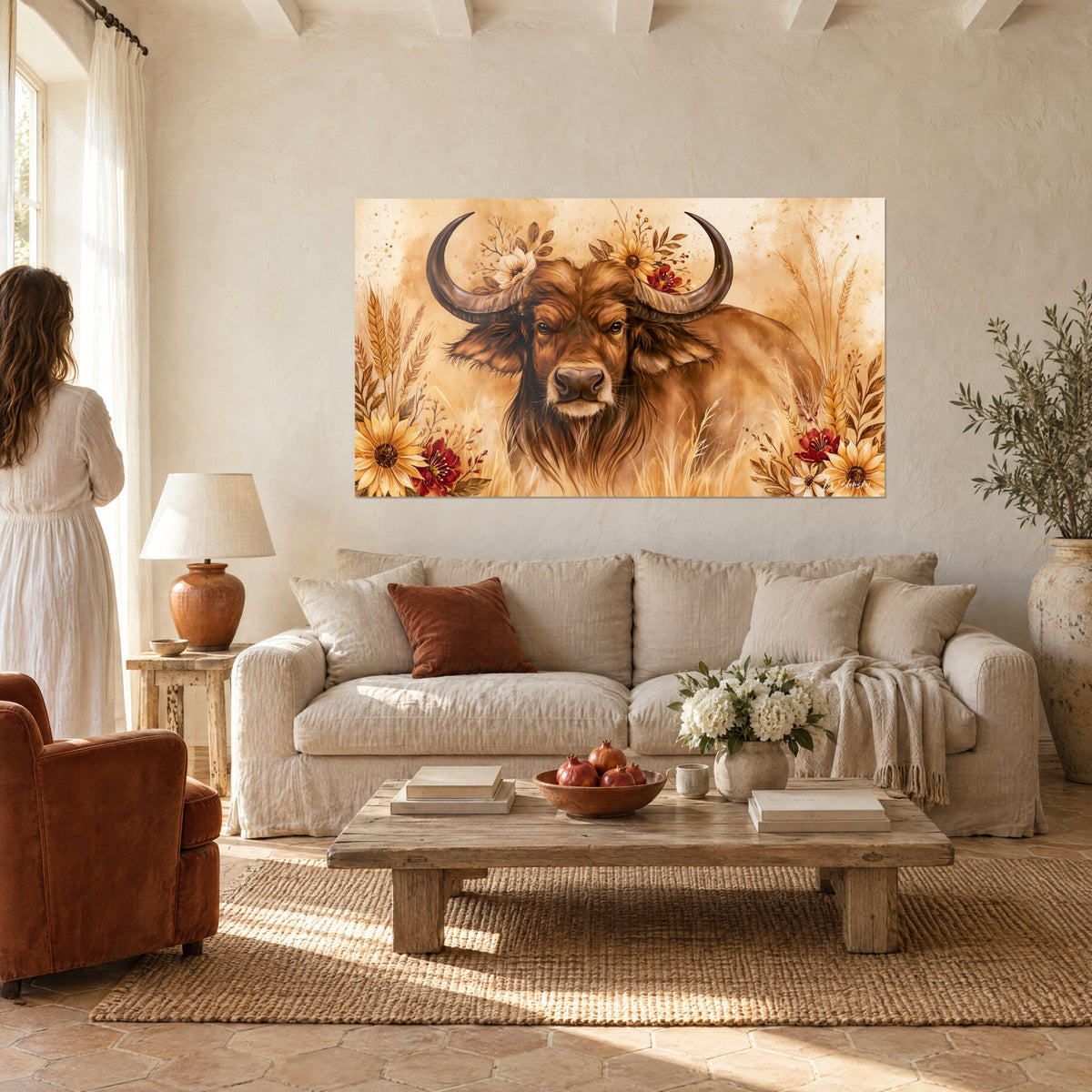 Gemälde eines braunen Bisons mit geschwungenen Hörnern, bekrönt von goldenen Sonnenblumen und roten Blüten, über einem Sofa in einem hellen Wohnzimmer
