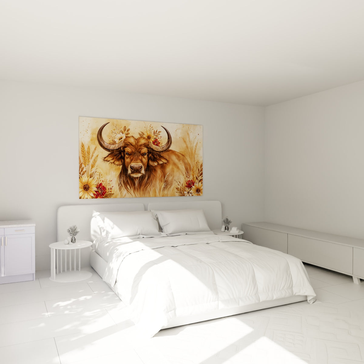 Cornes fleuries de blanc et rouge sur pelage brun, œuvre au-dessus d'un lit dans une chambre claire